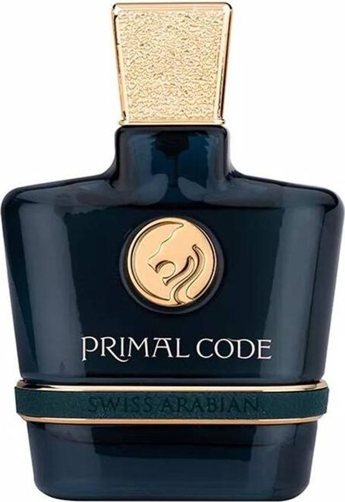 A product shot of a dark blue perfume bottle with gold accents.