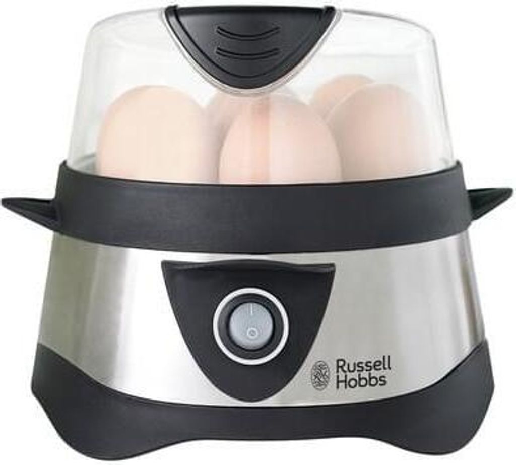 A Russell Hobbs egg cooker with eggs inside.