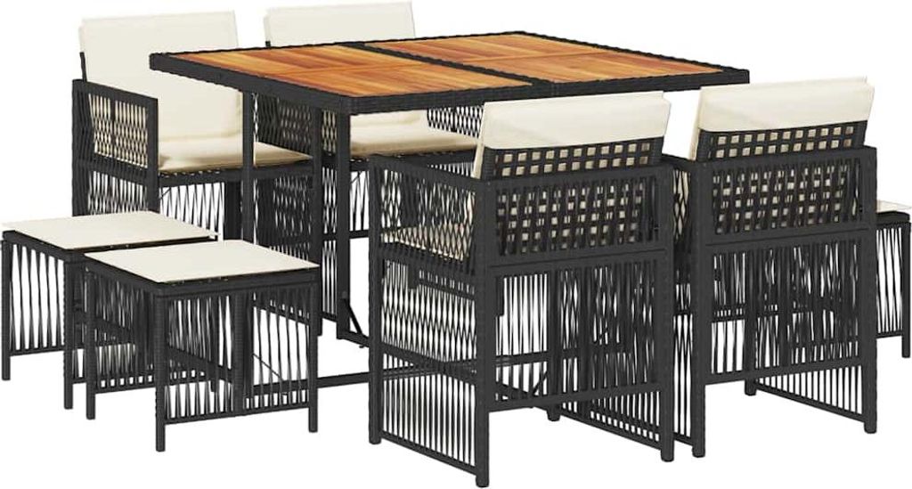 vidaXL 9-tlg. Garten-Essgruppe mit Kissen Schwarz Poly Rattan