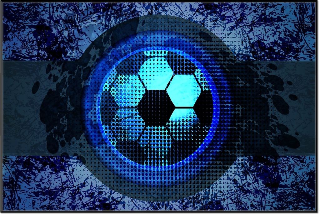 Wallario Wandbild Fußball Design - Abstraktes Muster in blau, Größe: 61 x 91,50 cm, Poster mit schwarzem Aluminiumrahmen