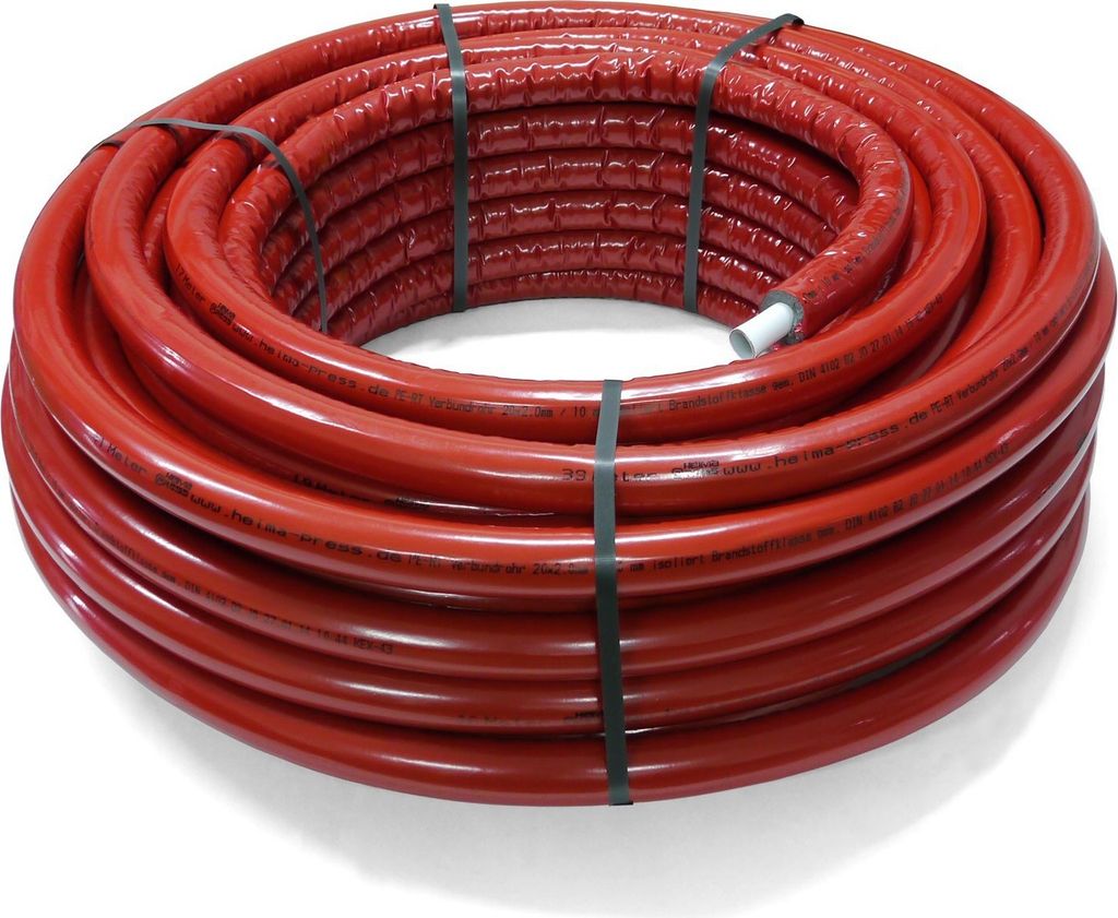 A coiled red pipe is presented on a white background.