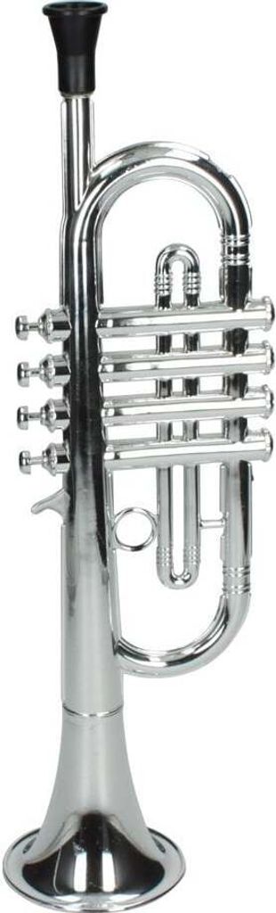 A silver toy trumpet with a black mouthpiece, isolated on a white background.