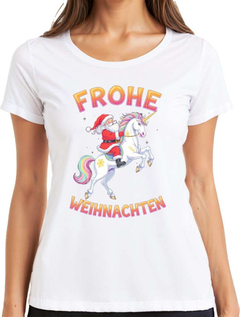 Frohe Weihnachten Weihnachtsmann Einhorn Regenbogen Kinder Lustig Damen T-Shirt, Weiß, S