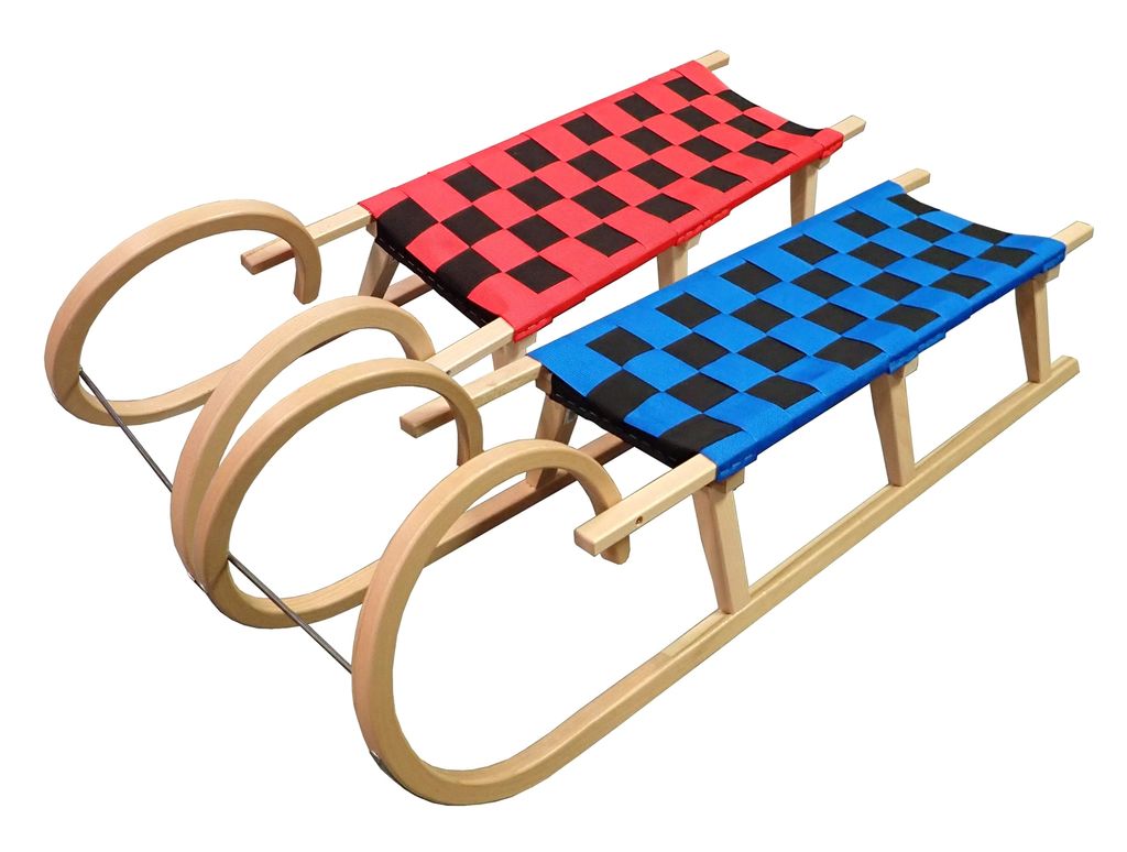 Two wooden sleds with checkered seats, one red and one blue, are shown against a white background.