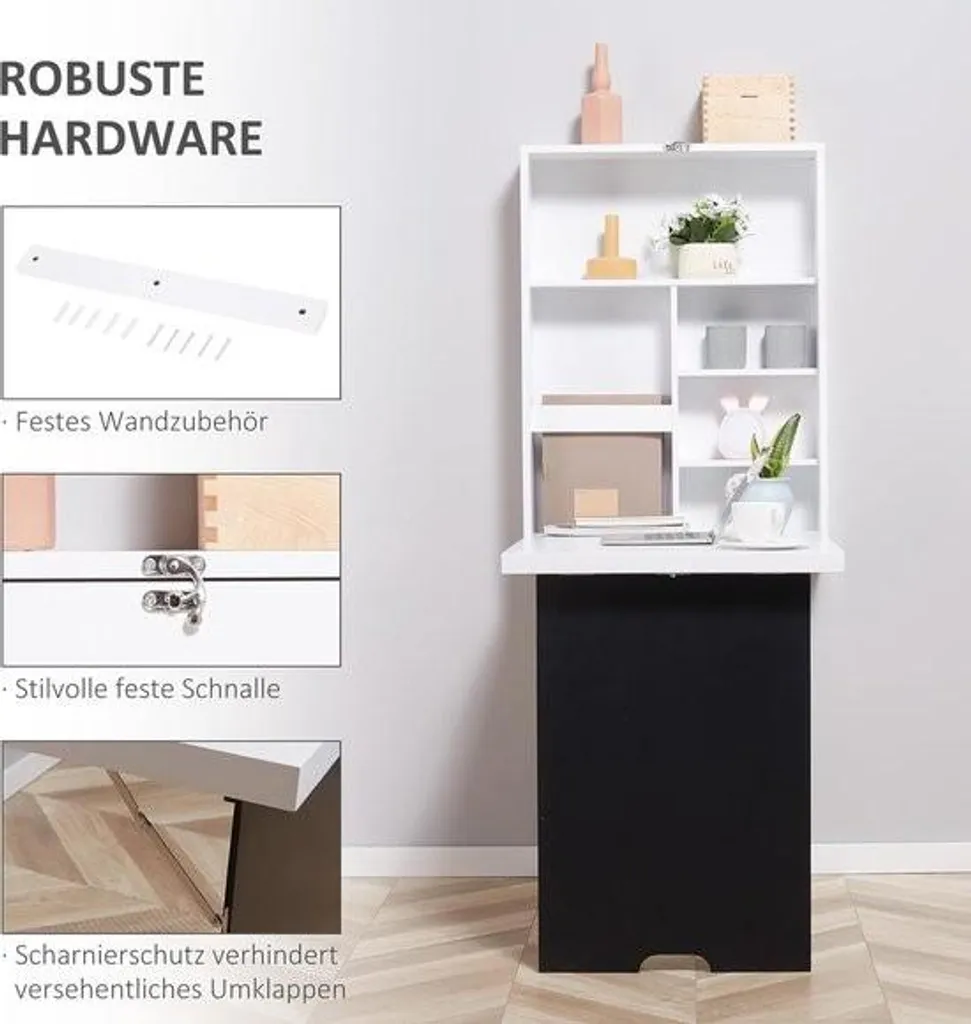 Bureau pliant blanc 88,5x60cm en MDF | Table murale rabattable - 2