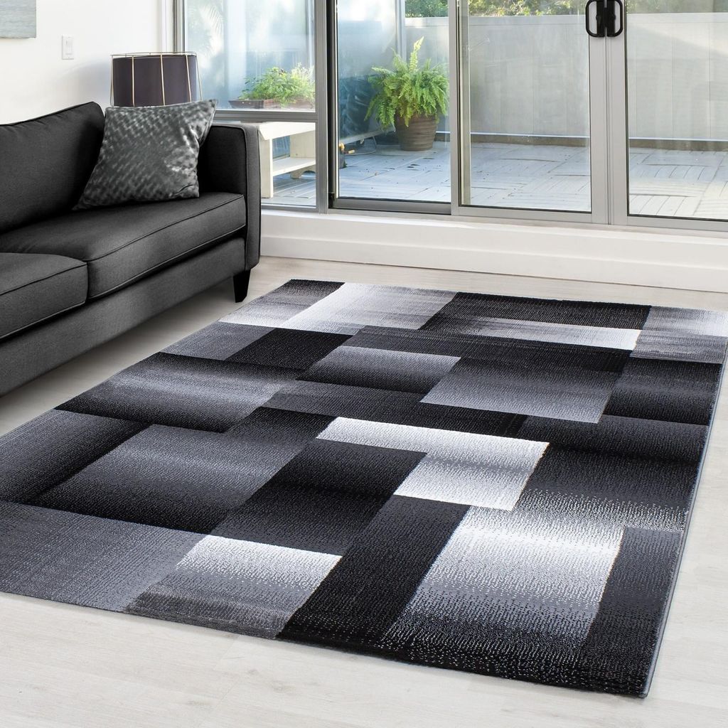 Moderner geometrischer Blockteppich mit überlappendem schwarz-grauem Ombré-Muster für das Wohnzimmer, 12 mm 160 x 230 cm