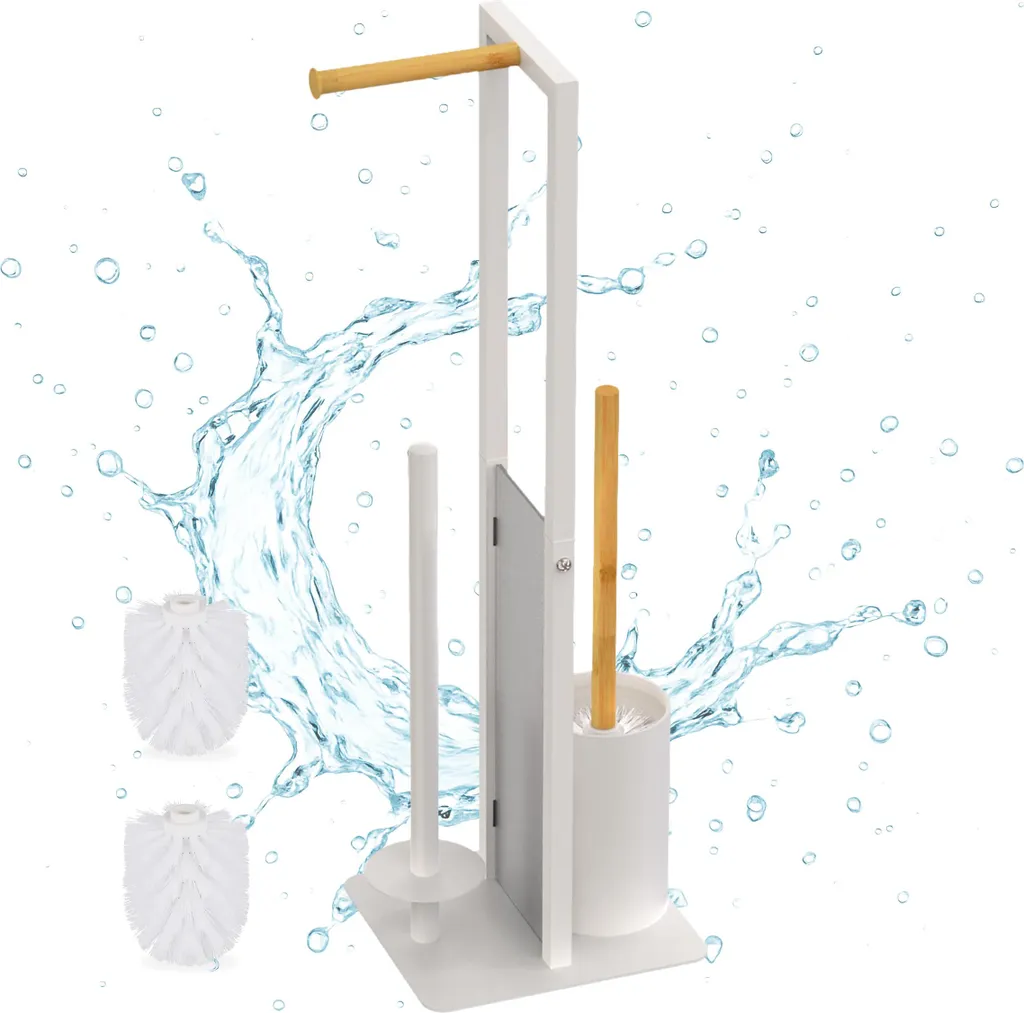 Piantana WC Relaxdays Acciaio e Bambù: Accessorio Bagno Moderno 2-in-1