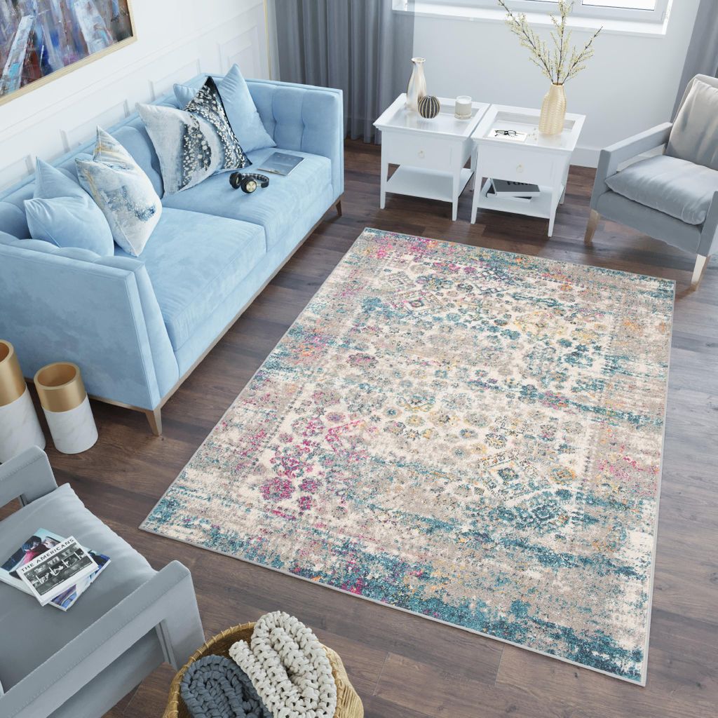 Tapiso Teppich LAZUR Modern Blau Creme Rosa Grau Wohnzimmer 180 x 260 cm