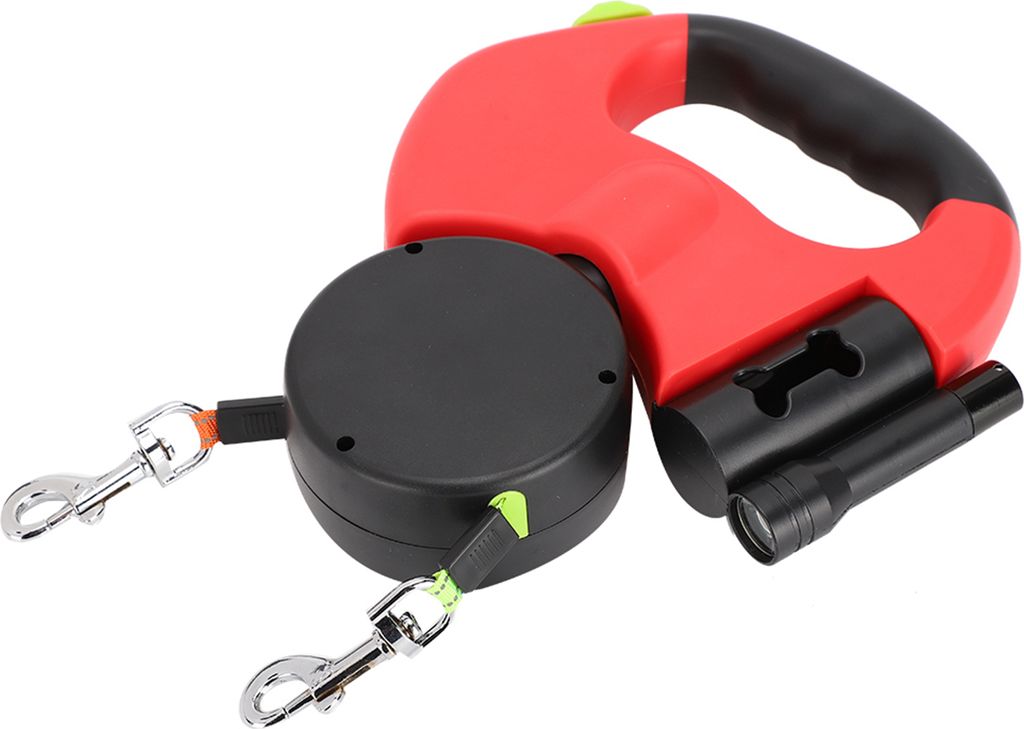 Automatische, ausziehbare und flexible Hunde- und Katzenleine mit zwei Haltegriffen und LED-Licht (rot)