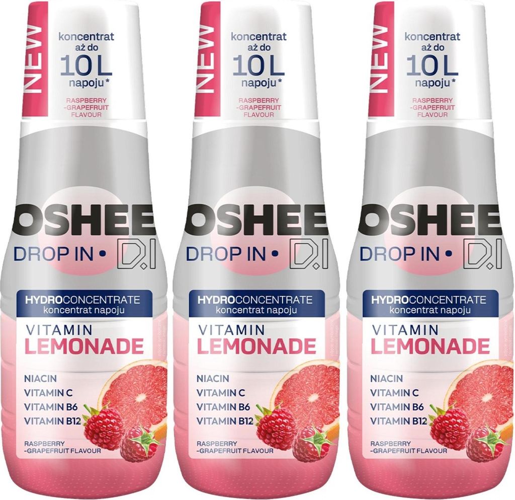 OSHEE Tropfen Vitamin Limonade Himbeer-Grapefruit-Sirup 500ml, 3 Stück