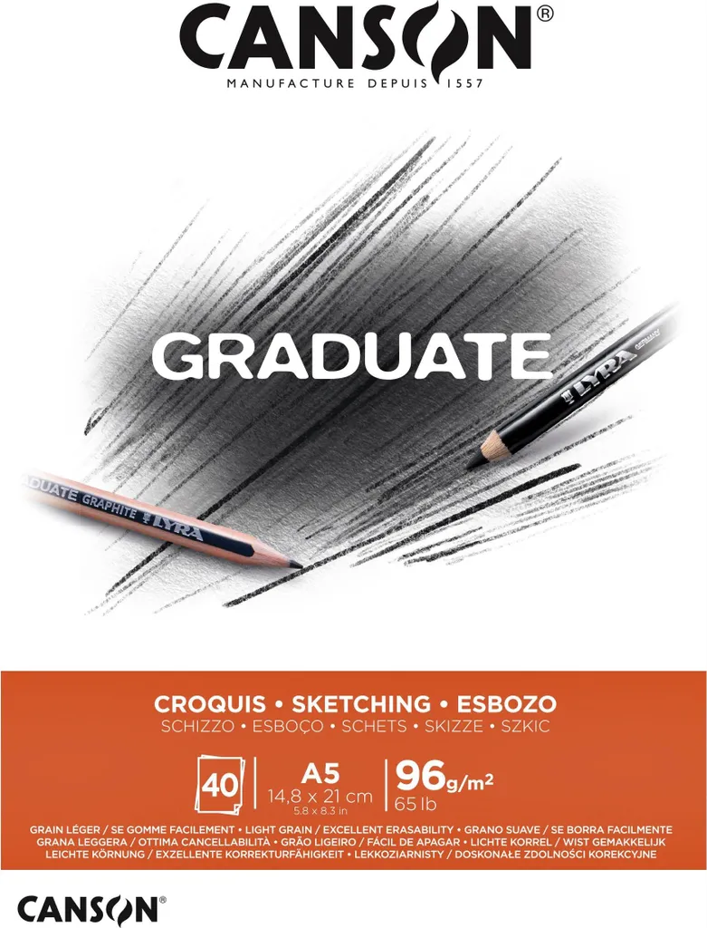 Carnet de croquis A5 pour dessin au crayon Canson Graduate 96g x5