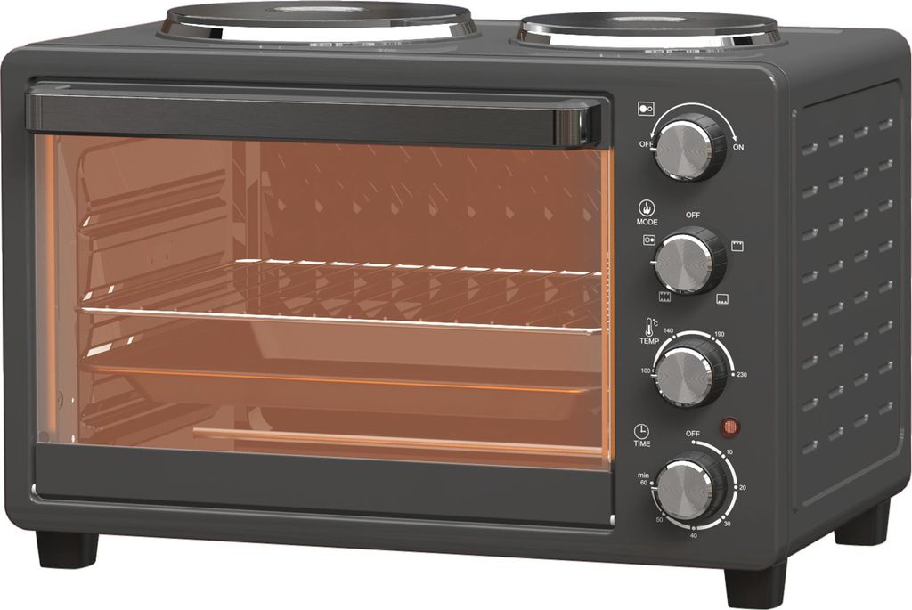 28L Toasterofen, Kompaktbackofen mit Grillfunktion, 2600W Elektroofen inkl. Backblech & Grillrost, Schwarz