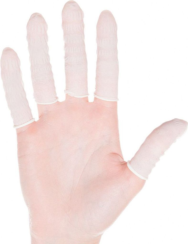 A hand wearing finger cots.