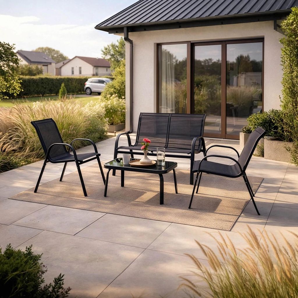 Gartenmöbel-Set EL-MINNES, Farbe Schwarz , Bank , Stühle , Tisch , Terrassen-Set Modern