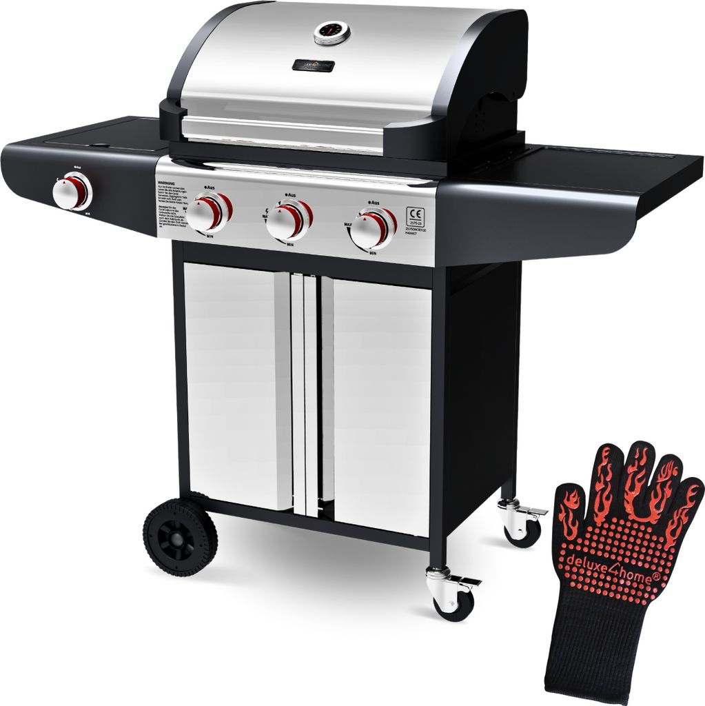 deluxe4home Gasgrill BBQ Grillwagen mit Deckel I 3+1 Seitenbrenner XXL Grill Rollbar Seitenablage I inkl. Grillhandschuh und Grillthermometer