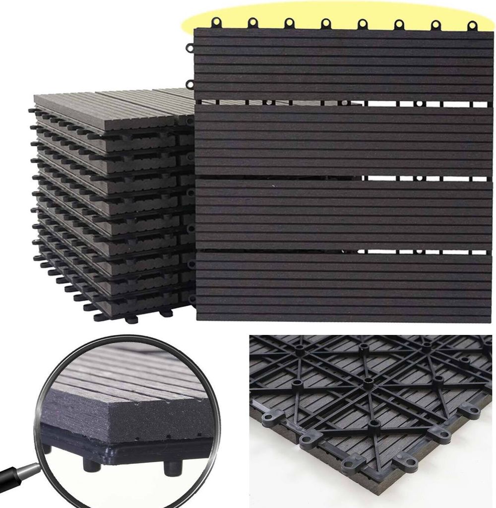 WPC Bodenfliese Rhone, Holzoptik Balkon/Terrasse, 11x je 30x30cm = 1qm Premium, anthrazit linear