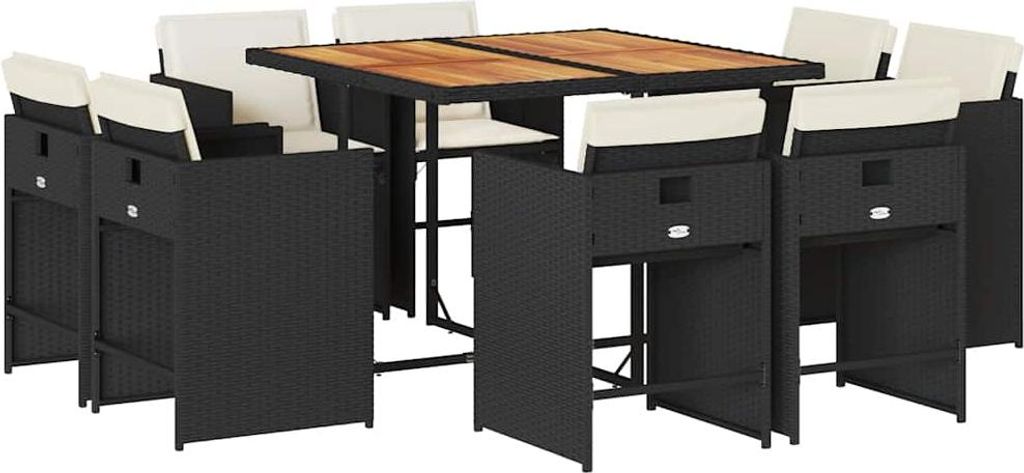 vidaXL 9-tlg. Garten-Essgruppe mit Kissen Schwarz Poly Rattan