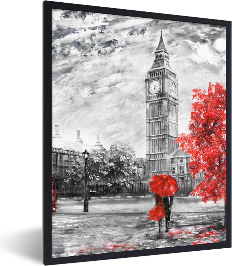 MuchoWow Gerahmtes Poster Gemälde - Big Ben - Rot - Regenschirm 60x80 cm - Poster mit Schwarzem Bilderrahmen Wandposter Rahmen Foto Bilder - Pre...