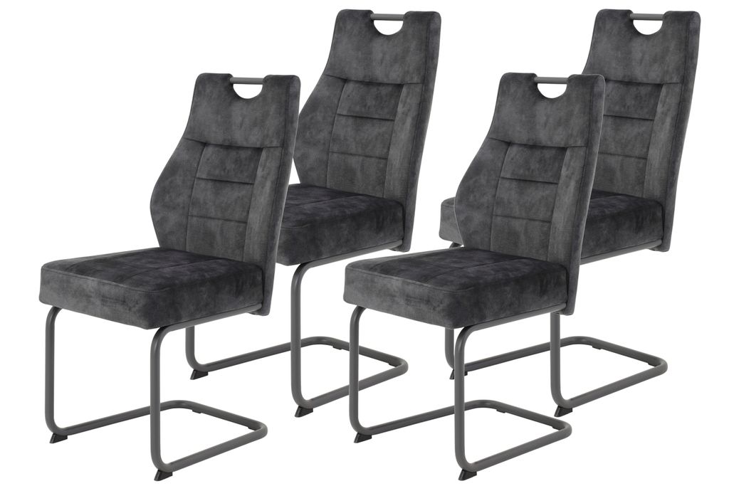 Hela Tische, 4er Set Freischwinger Stuhl LINDA - Bezug Samt Anthrazit -Komfortsitz Federkorb -Lehne mit Griff -Metallgestell Grau -140 kg belastbar