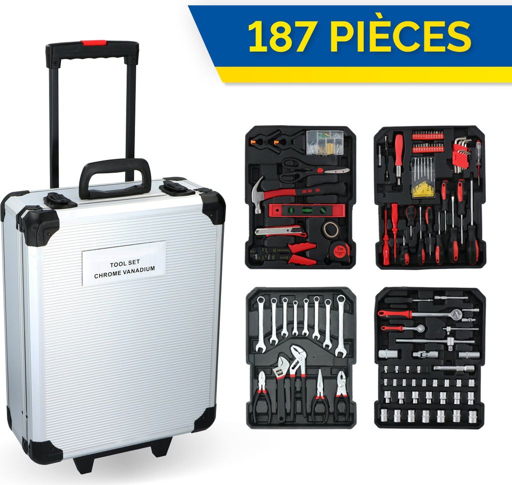 Kinzo Werkzeugkoffer 187-teilig Werkzeugkiste Set Trolley-Chrom-Vanadium Stahl