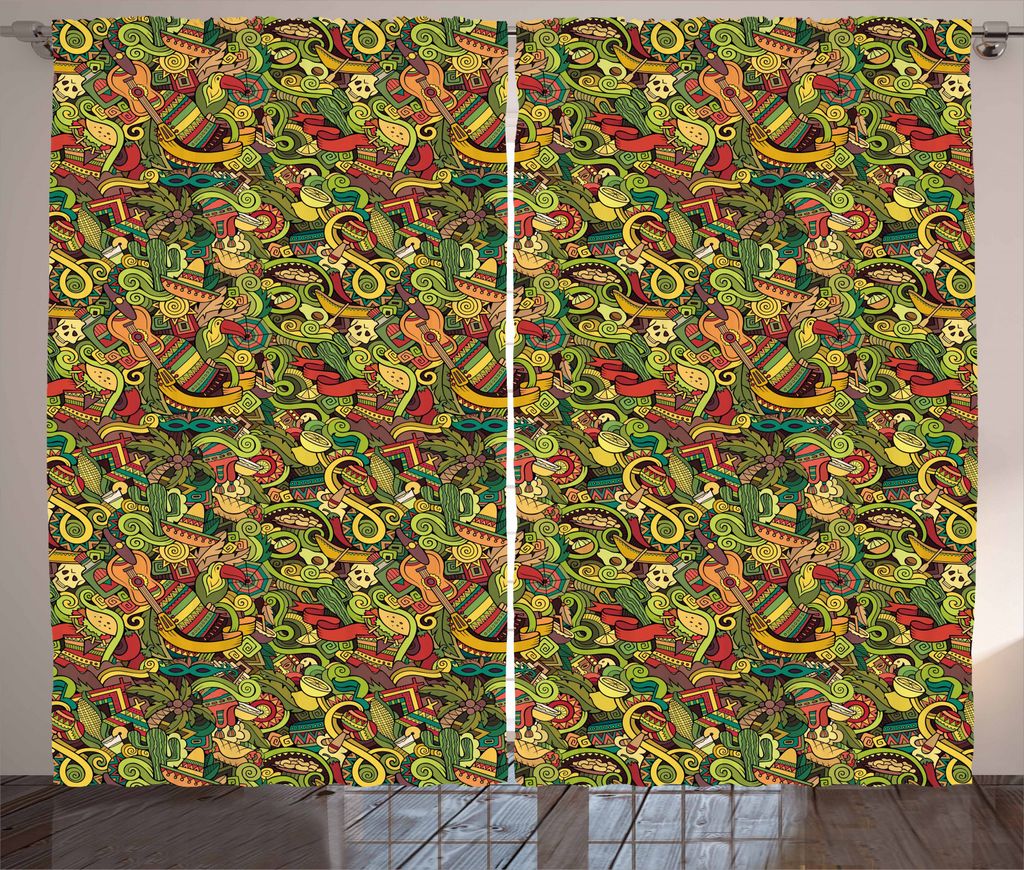 ABAKUHAUS Mexikaner Rustikaler Gardine, Cartoon Kultur Doodle, Schlafzimmer Kräuselband Vorhang mit Schlaufen und Haken, 280 x 245 cm, Mehrfarbig