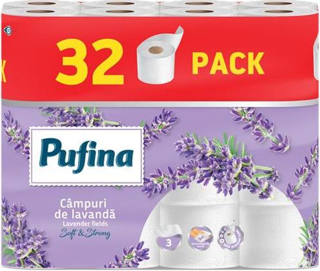 Toilettenpapier "Lavendelfelder", 3-lagig, 32 Rollen, PUFINA PP21049
