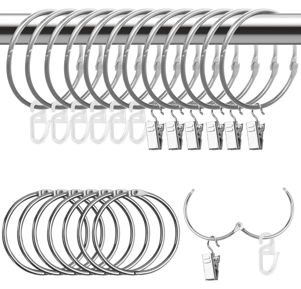 Clips Rideaux avec Crochets et Anneaux 50mm Argent pour Tringle et Douche