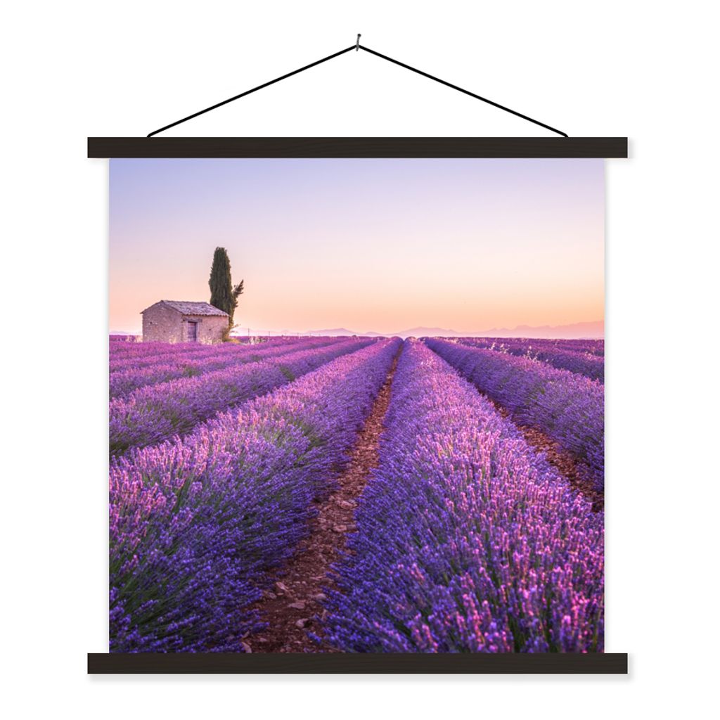 MuchoWow Textilposter Lavendel - Sonnenuntergang - Lila - Blumen 120x120 cm mit schwarzem Rahmen - Aufhängungsset