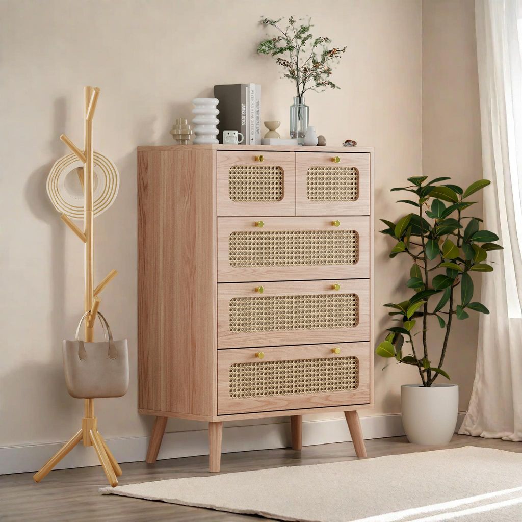 Fortuna Lai Kommode Buffet mit 5 Schubladen, Massivholzbeine, Modernes Design, Schlafzimmermöbel 60x34x91 cm, Braun