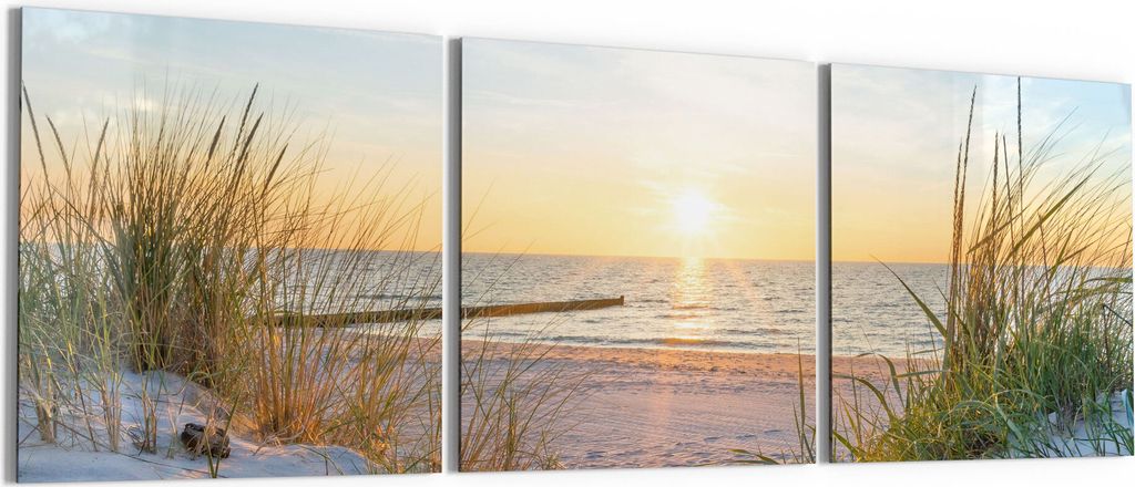 DEQORI Glasbilder Acryl 3x50x50 cm 'Abendsonne an der Ostsee' Wandbilder XXL groß
