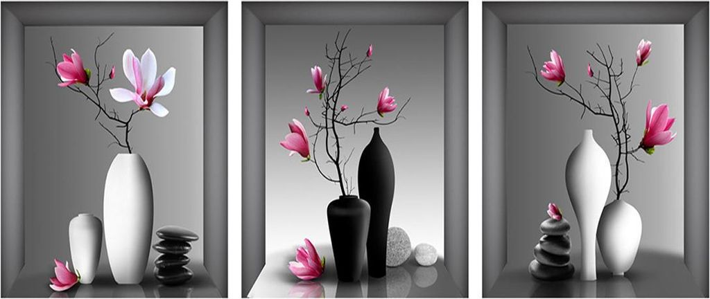 3er-Pack 3D-Wandtattoos mit Vasenmotiv, Wandtattoos für Wohnzimmervasen, Wandtattoos mit grünen Pflanzen, abnehmbare Vinyl-Wandbilder mit schwarz...