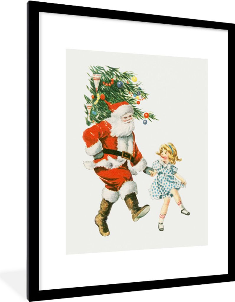 MuchoWow Gerahmtes Poster Weihnachtsbaum - Weihnachtsmann - Kunst 60x80 cm - Poster mit Schwarzem Bilderrahmen Wandposter Rahmen Foto Bilder - Wo...