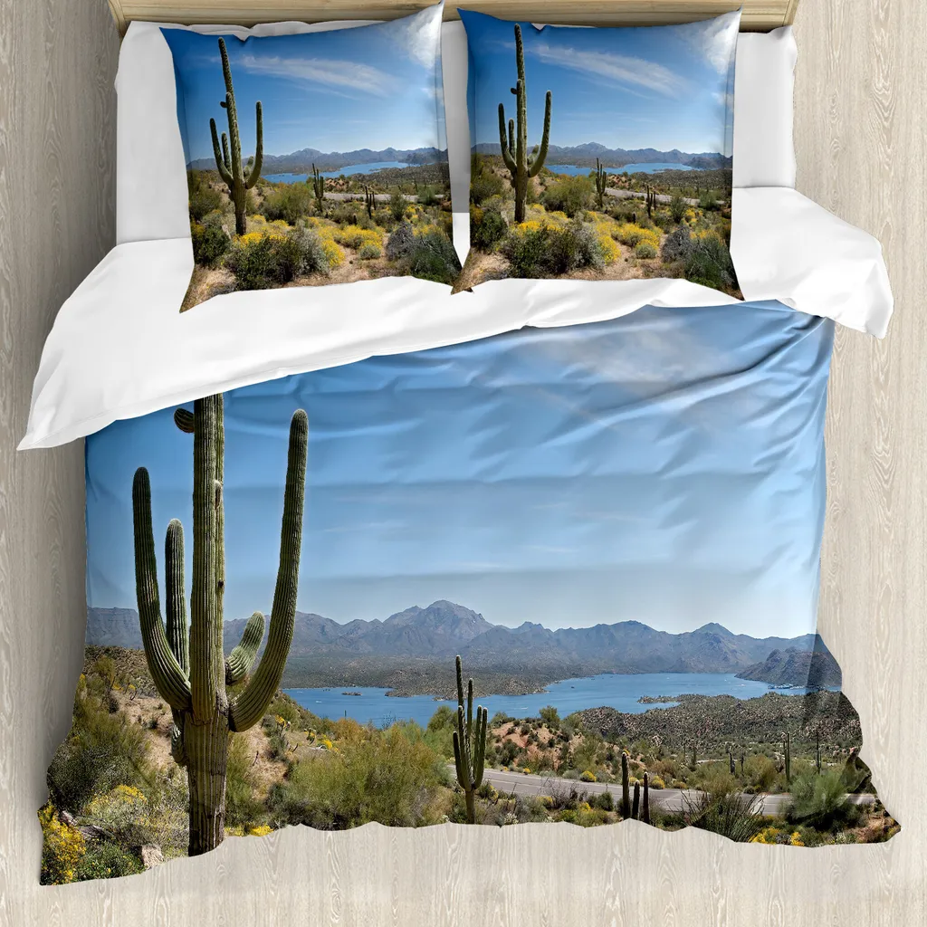 Set Copripiumino Moderno Cactus Saguaro Blu Verde 200x200 cm