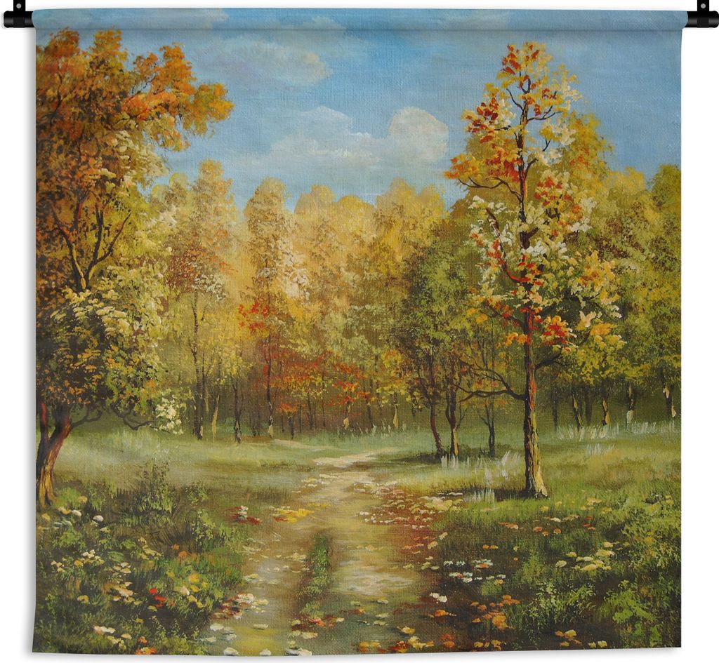 MuchoWow Wandteppich Wandbehang Eine Illustration von herbstlichen Bäumen in einem Wald 150x150 cm Tapisserie Dekoration Wandtuch - Wohnaccessoi...