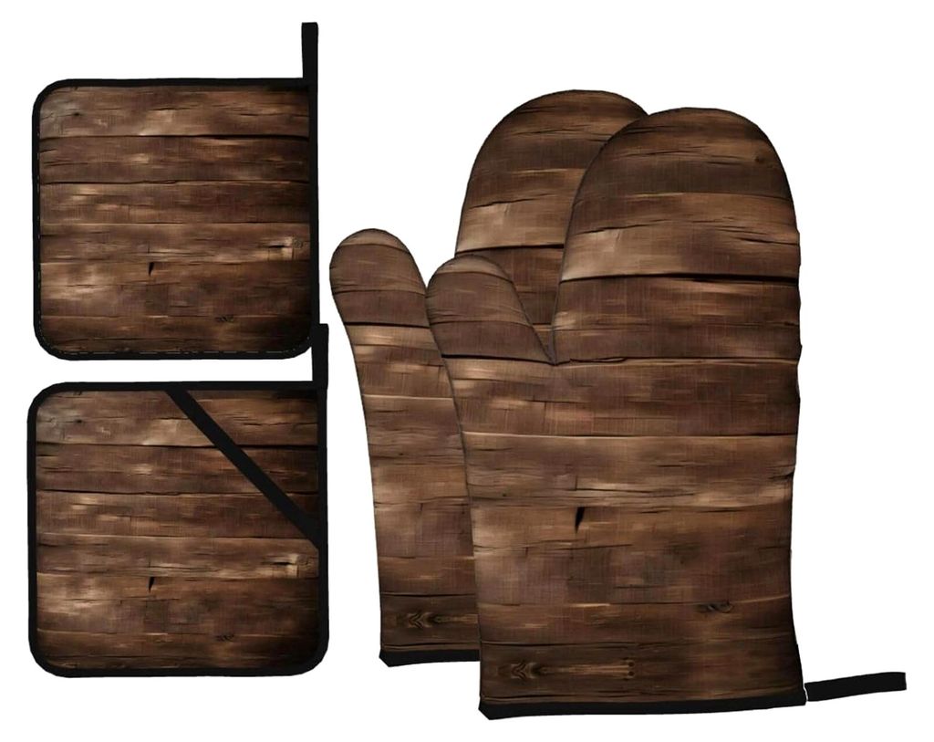 Ofenhandschuhe und Topflappen-Sets, hitzebeständig, rutschfest, 4 Stück, zum Backen und Grillen, rustikales Design