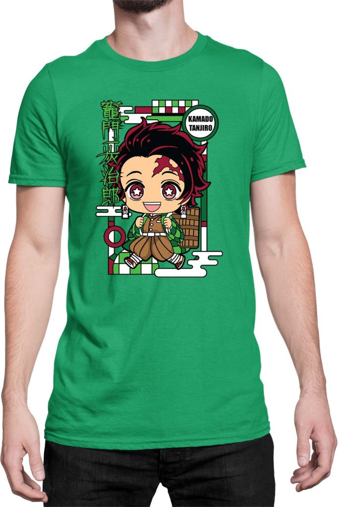 Herren T-Shirt Demon Anime Slayer Kimetsu No Yaiba Chibi Tanjiro Kamado, Man S / Grün