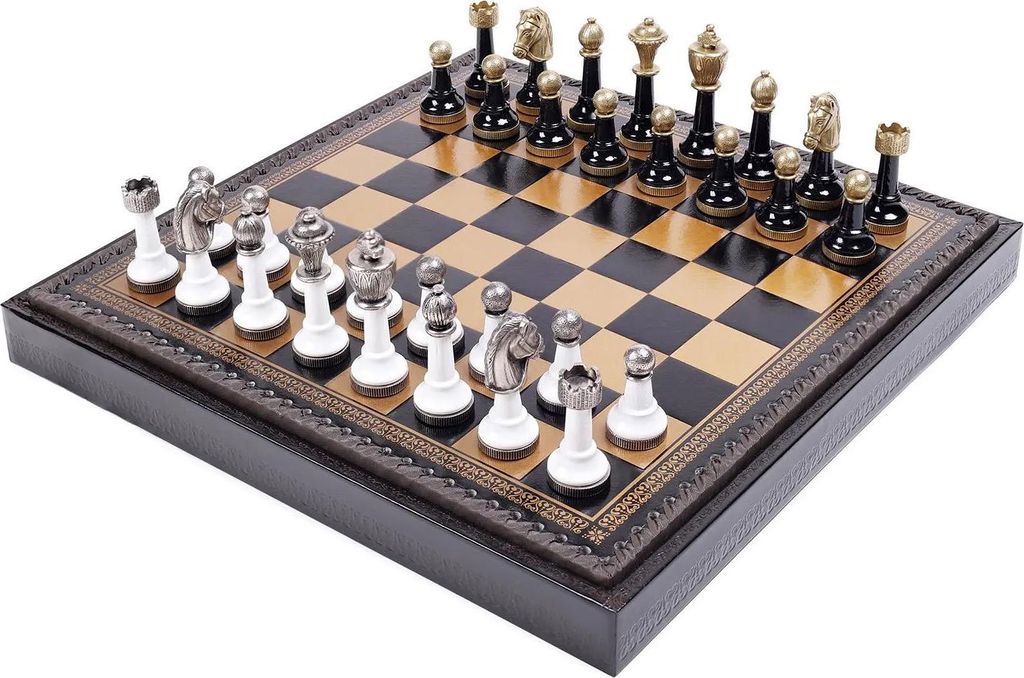 Italienische Schachfiguren Metall/Wood + Schachbrett Kunstleder Gold/Schwarz 35
