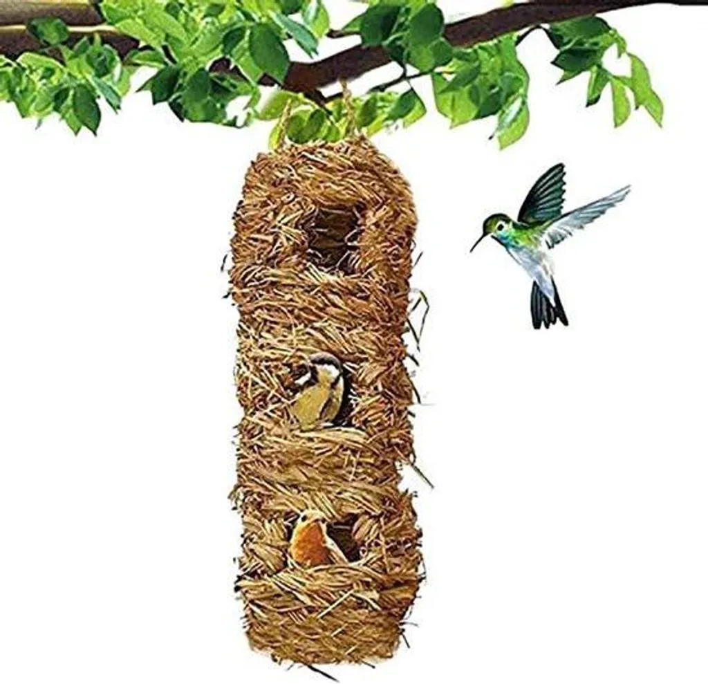 Maisonnette pour oiseaux de jardin avec toit végétalisé et triple entrée