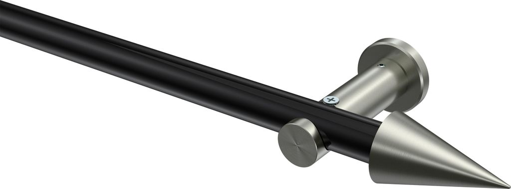 Interdeco Gardinenstange / Vorhangstange Schwarz / Edelstahl-Optik, Typ Platon Savio (Kegel) ohne Ringe, 20 mm Ø 1-läufig, 140 cm
