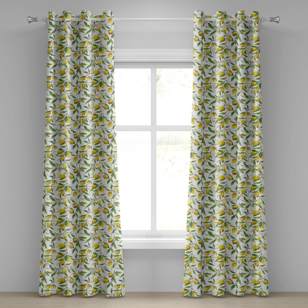 ABAKUHAUS Natur Ösenvorhang, Blühende Zitrone Woody Plant Romance-Lebensraum-Zitrusfrucht-frischer Hintergrund, Dekorative 2-Panel-Fenstervorhän...
