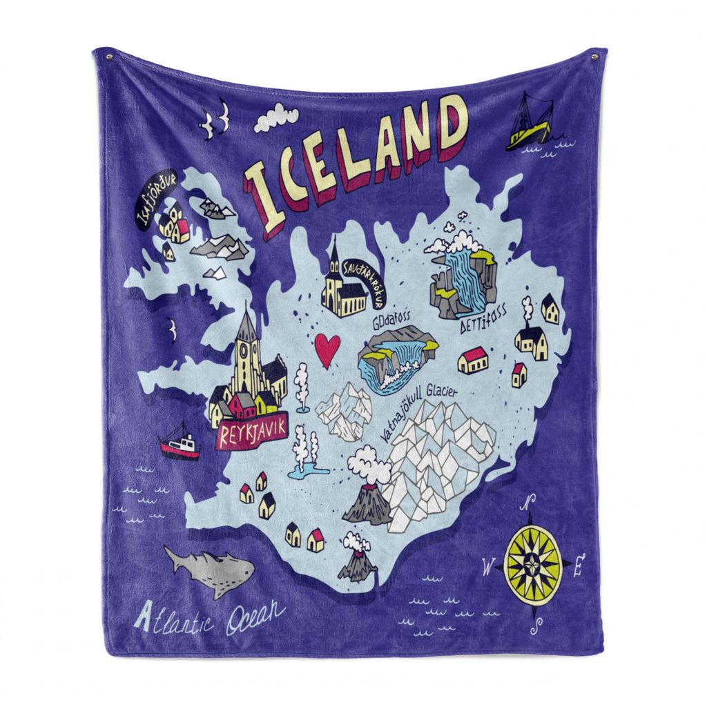 ABAKUHAUS Island Weich Flanell Fleece Decke, Doodle Isländische Karte, Gemütlicher Plüsch für den Innen- und Außenbereich, 125 x 175 cm, Mehrf...