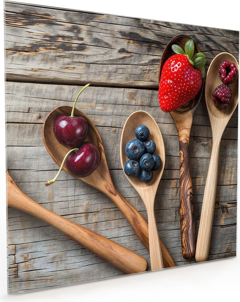 Küchenrückwand Spritzschutz Glas mit Motiv Holzlöffel mit Beeren 40 x 40 cm