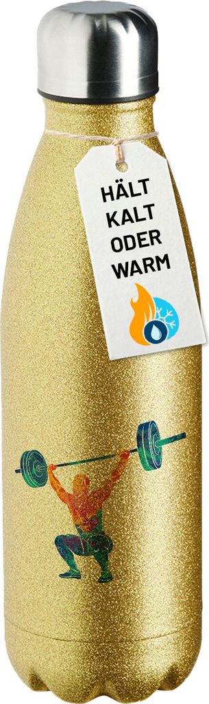 Huuraa Trinkflasche Gewichtheber Powerlift bunte Silhouette 500ml Gold Edelstahl Wasserflasche Trinkflasche Geschenkidee