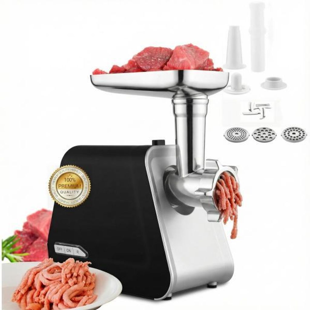 Elektrischer Fleischwolf 2000W mit Wurstfüller, Multi Küchenmaschin Wurstmacher, Edelstahl, inklusive 3 Mahlplatten und Wurstfüllrohren