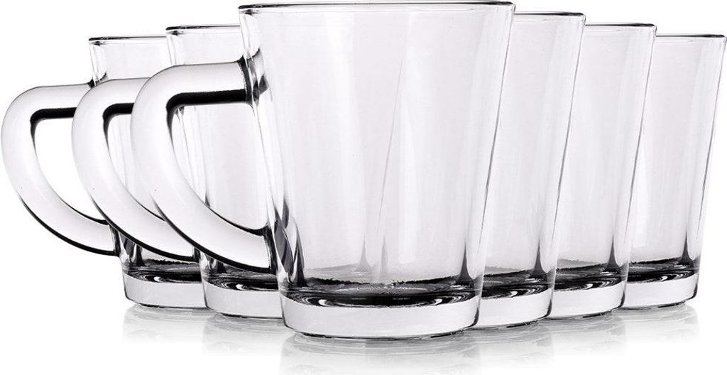 A group of clear glass mugs are arranged in a line against a white background.