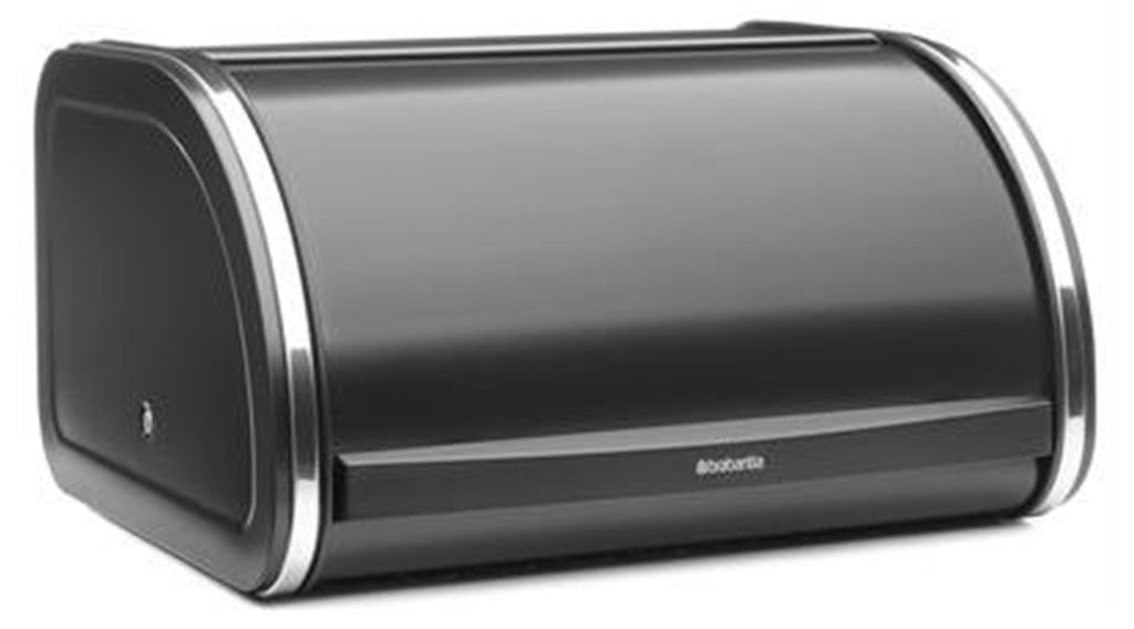 A black roll-top bread bin with silver trim, shown from a front-side angle on a white background.