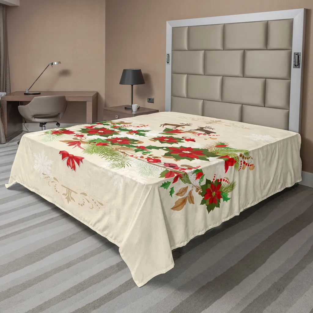 Drap de Lit Noël Confortable avec Imprimé Baies de Houx et Fleurs Rouges
