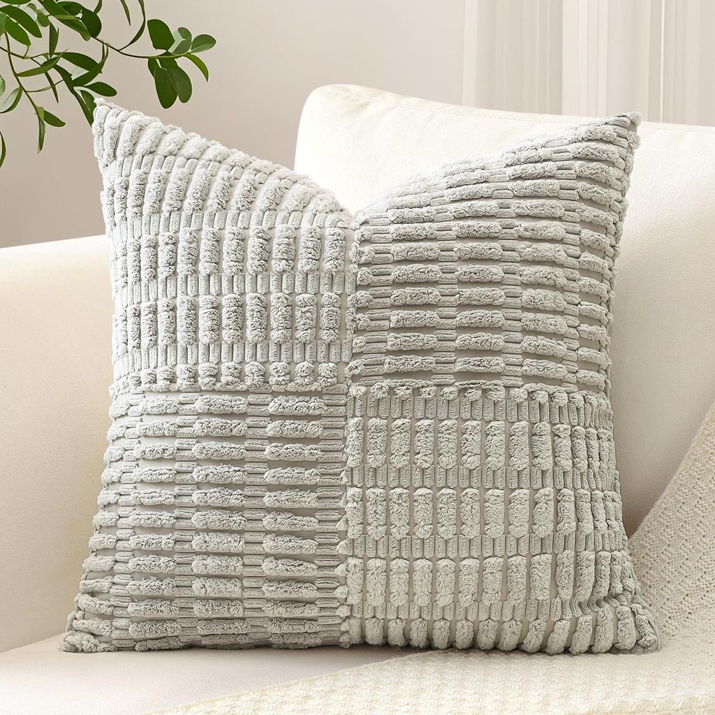 1 Kissenbezug aus Cord mit Kreuzstreifenmuster, Patchwork-Design, Boho-Stil, für das Wohnzimmer (60x60cm, hellgrau)