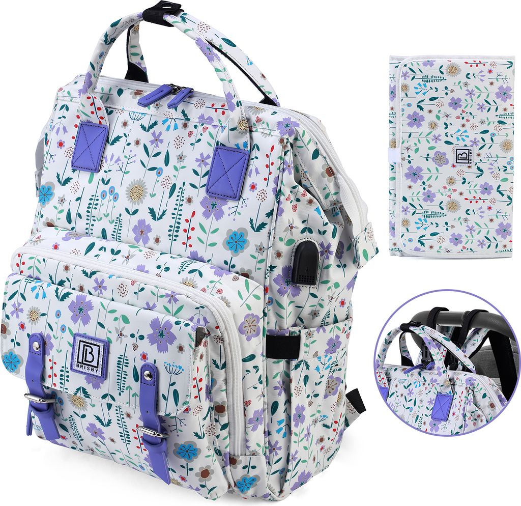 Brisby Wickeltasche – Kinderwagenbefestigung – Stay-Open-Rahmen – Wickelunterlage – USB-Ladefunktion – Isolierte Flaschenfächer – Lila...