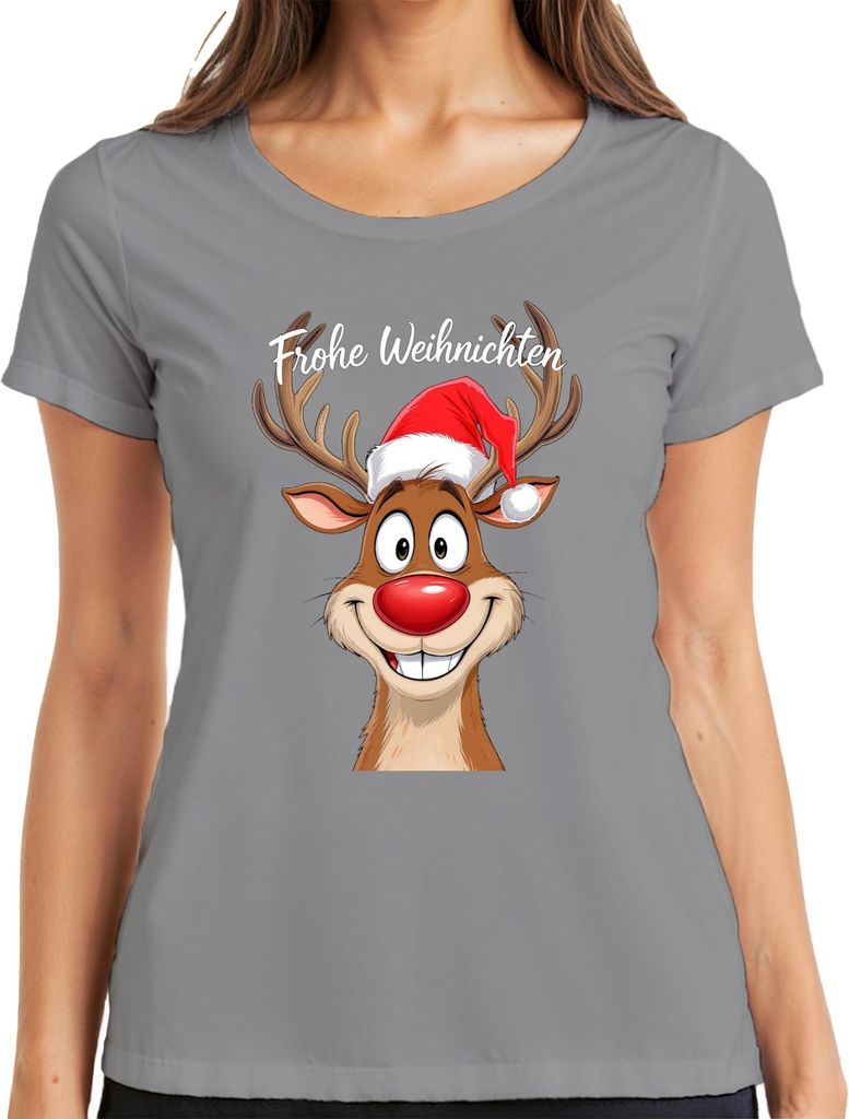 Frohe Weihnachten Rentier Rudolph Cartoon Lustig Weihnachtsmütze Damen T-Shirt, Grau, S